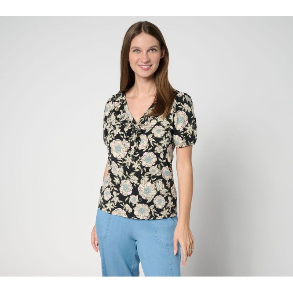 Anybody Women's Top Sz XL Cozy Knit Printed Ruffle Front Black A695705